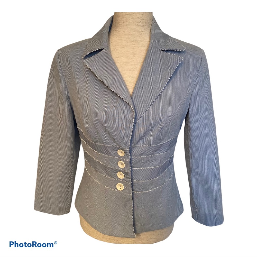 KAY UNGER JACKET BLAZER BLUE WHITE PINSTRIPE 3/4 SLEEVES Size 6